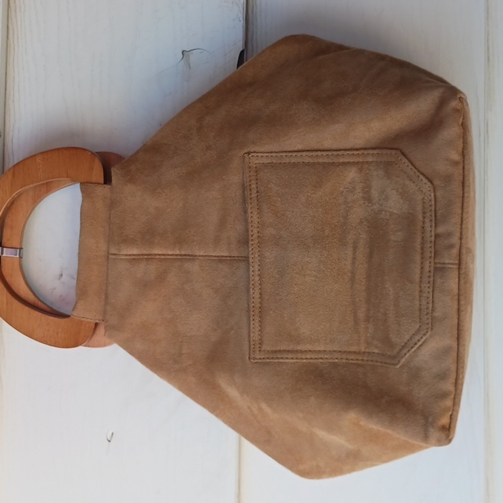 Faux Suede bucket bag handbag wood handles pockets NWOT NEW
